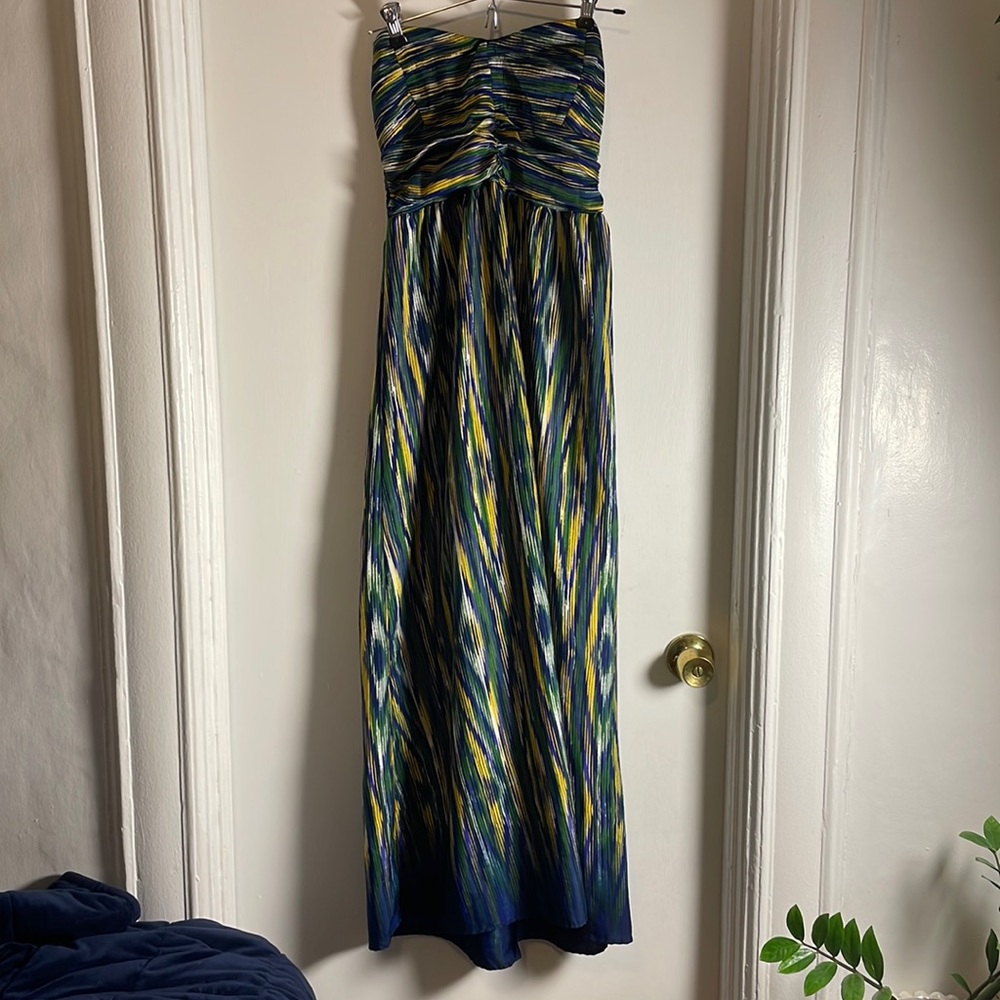 Strapless blue green yellow & white summer full length dress. Perfect condition.